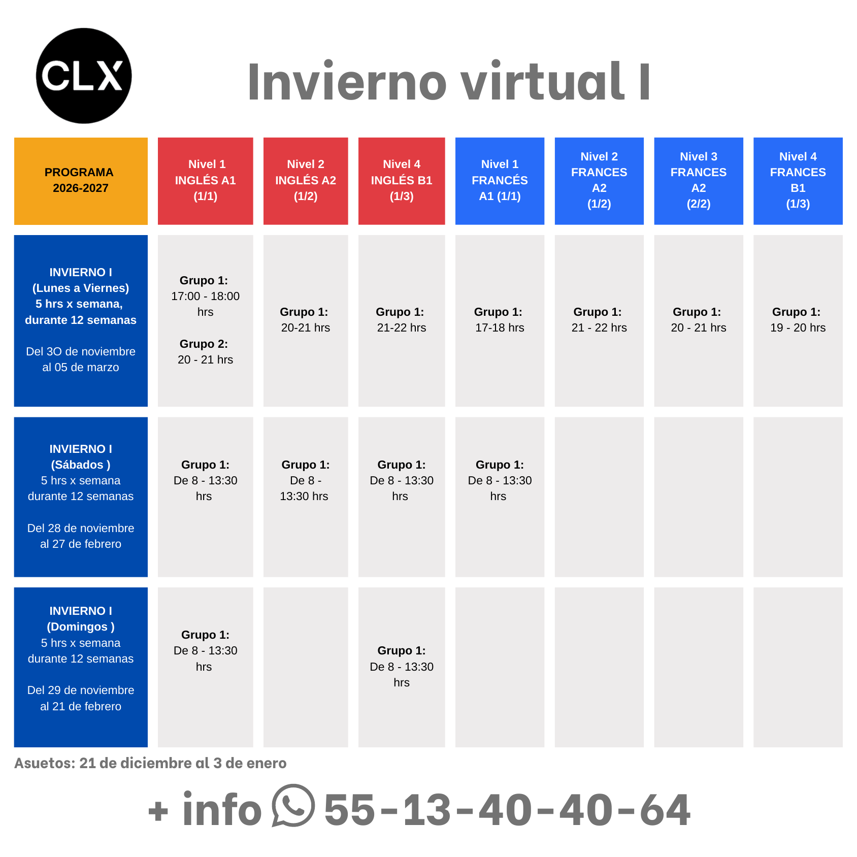 Tabla de horarios del programa Invierno I 2026-2027 para inglés y francés